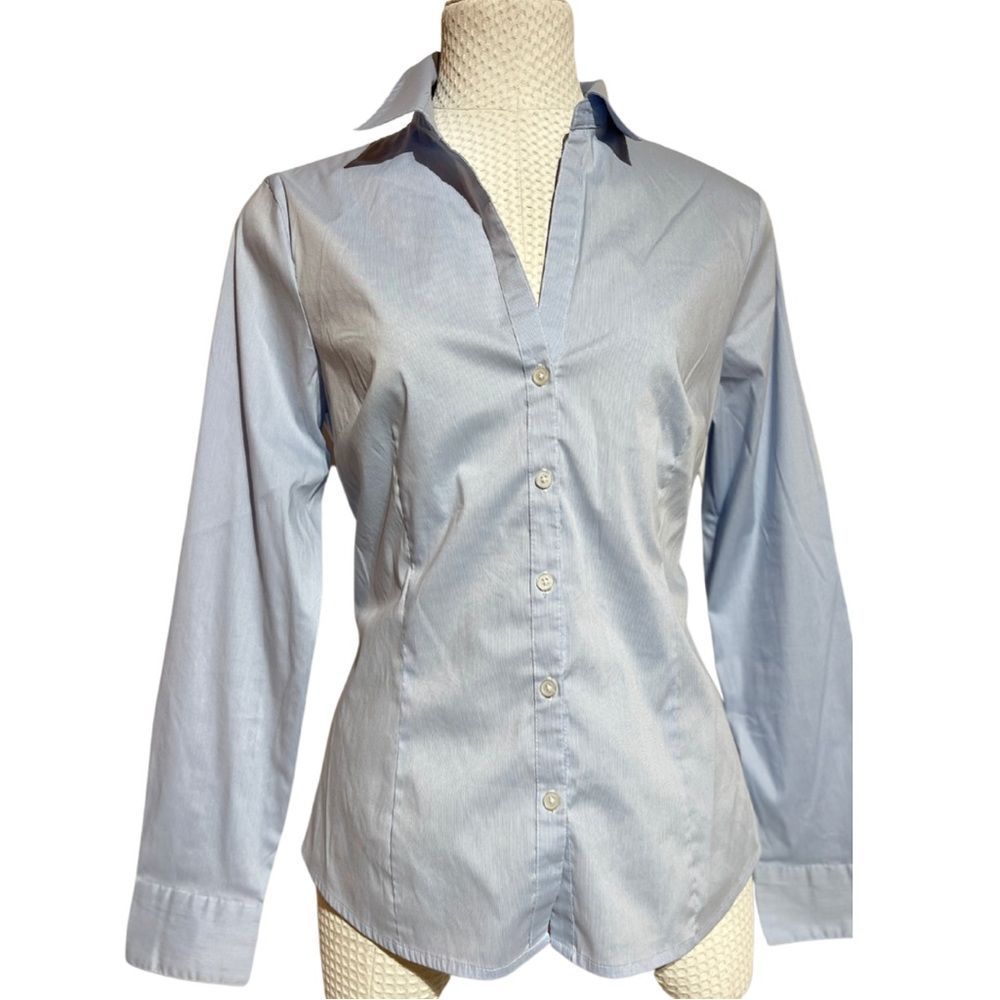 Quintessential blue pink stripe button down blouse - Picture 2 of 14